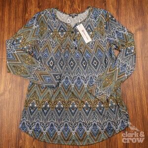 Urban Coco Women’s Boho Geometric Tunic Top Size M Blue Gold Long Sleeve NWT